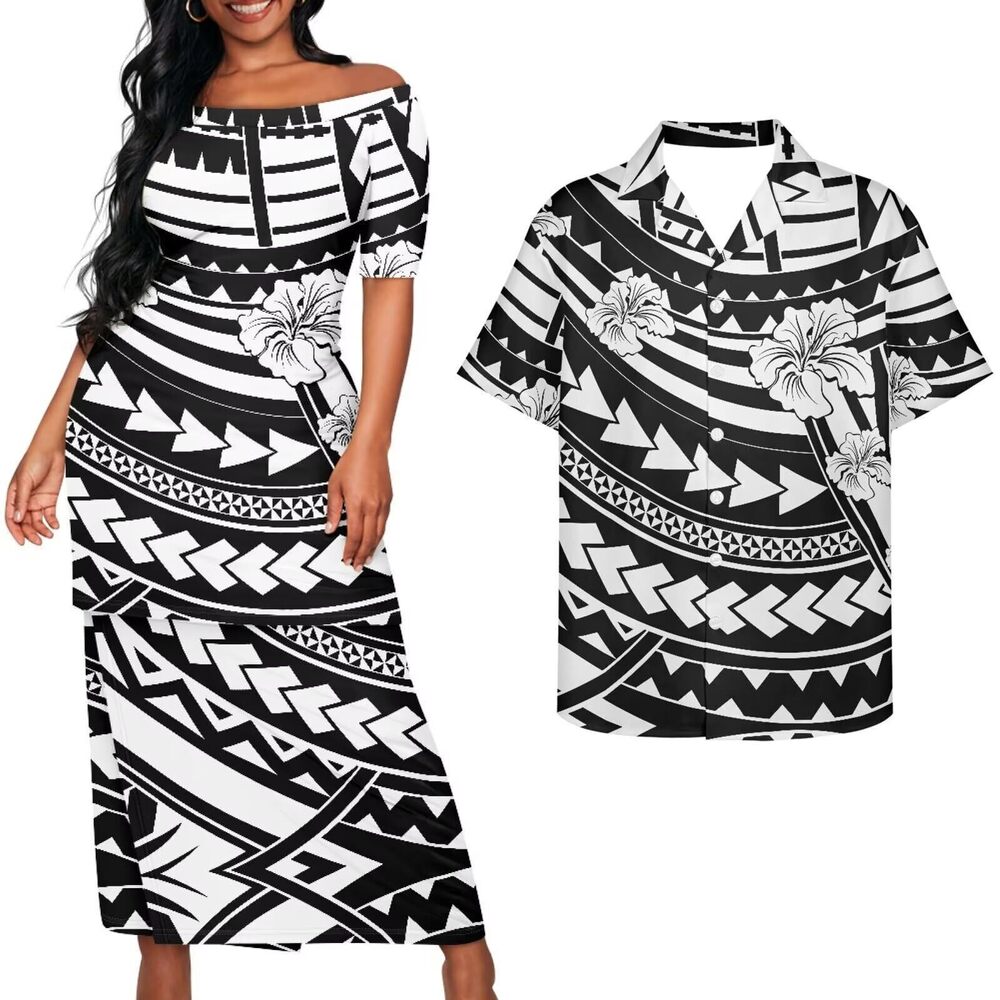 3689 Samoa Couple Outfit Samoa Plumeria Polynesian Puletasi Traditional